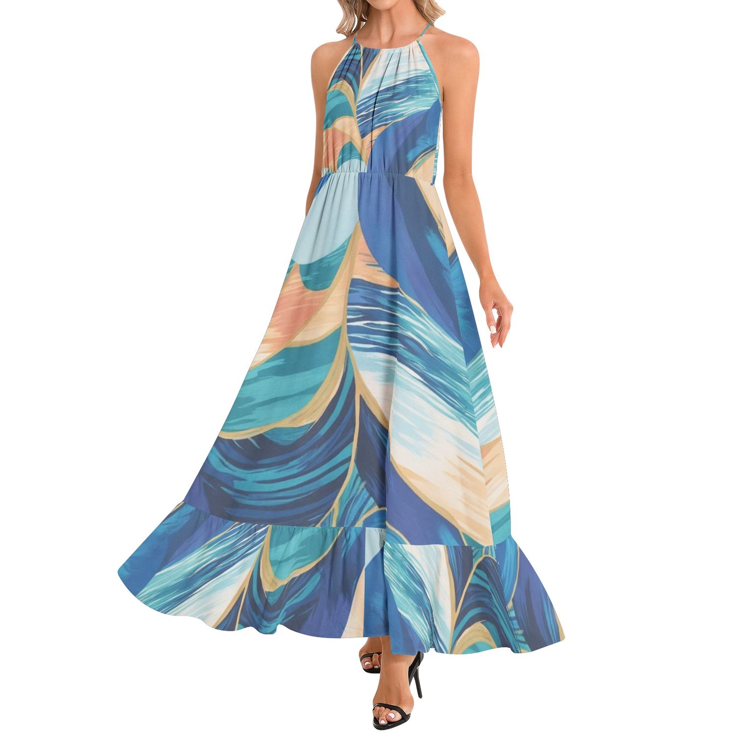 Riviera Muse Ruffle Hem Halter Neck Maxi Dress