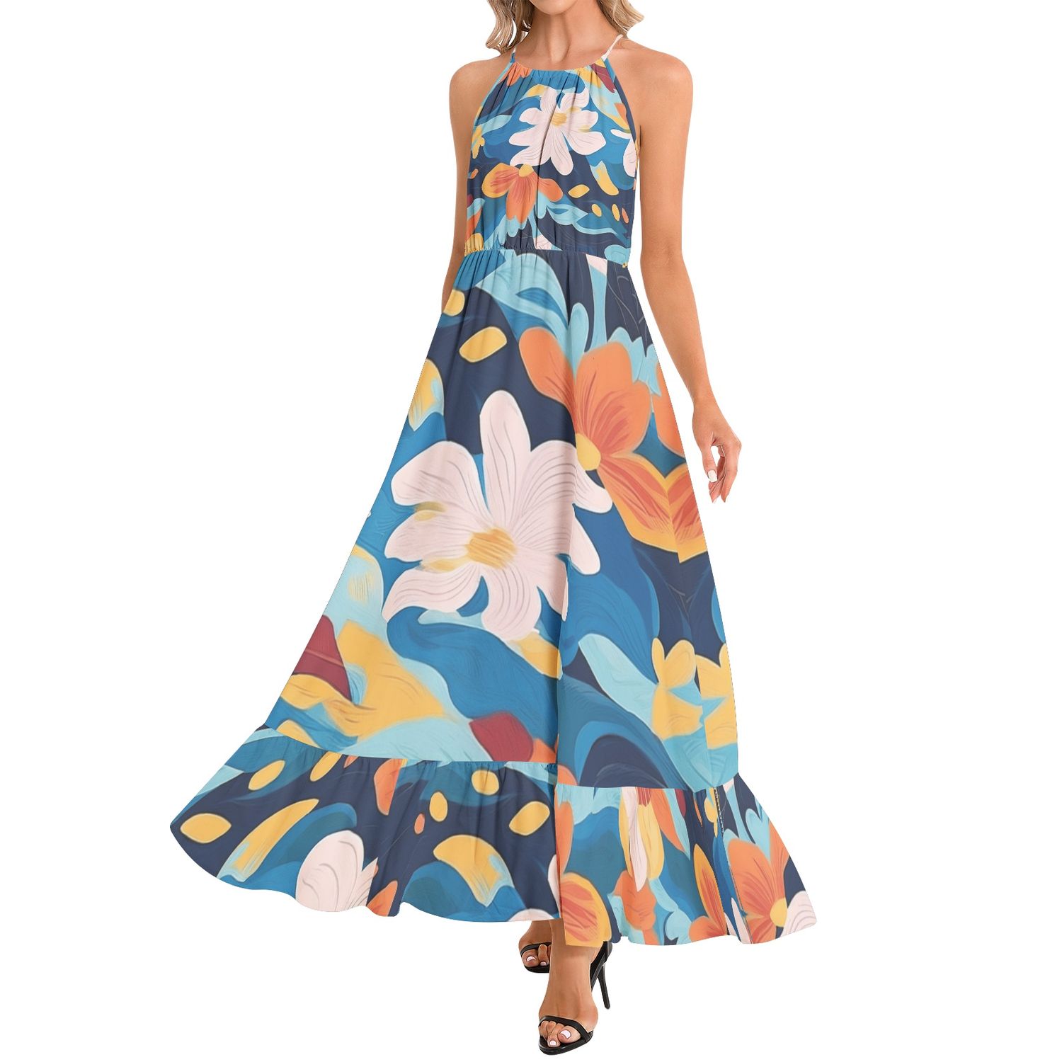Riviera Muse Ruffle Hem Halter Neck Maxi Dress
