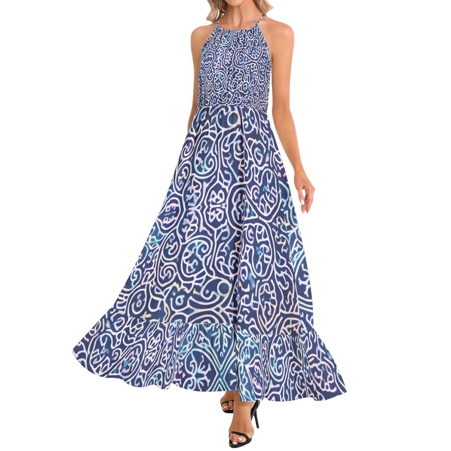 Riviera Muse Ruffle Hem Halter Neck Maxi Dress