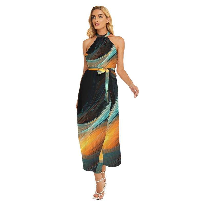 Women's Wrap Hem Belted Halter Dress