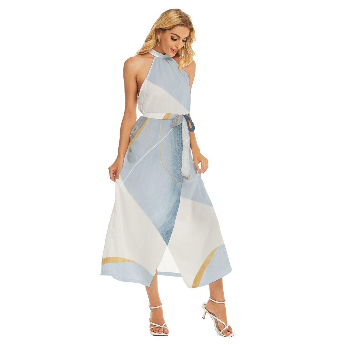 Women's Wrap Hem Belted Halter Dress