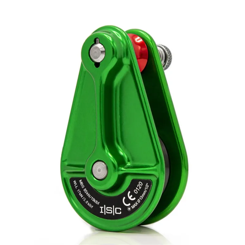 ISC COMPACT RIGGING PULLEY 13mm ROPE CAPACITY - 85kN - GREEN WITH GREY WHEEL