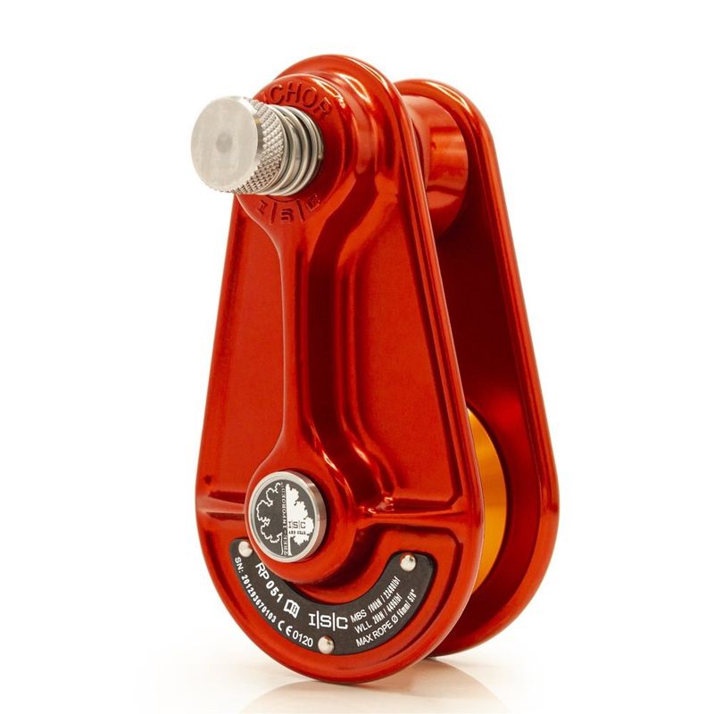 ISC SMALL RIGGING PULLEY 16mm ROPE CAPACITY - 100kN - RED WITH ORANGE WHEEL