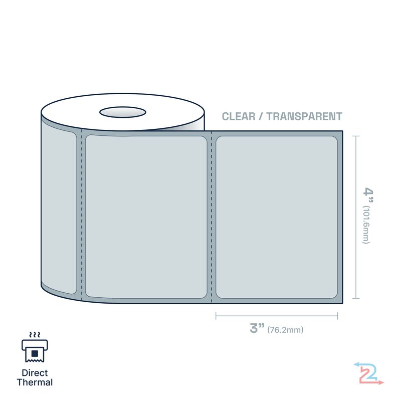 250 Clear, Adhesive Labels for Zebra Printer 4" x 3"