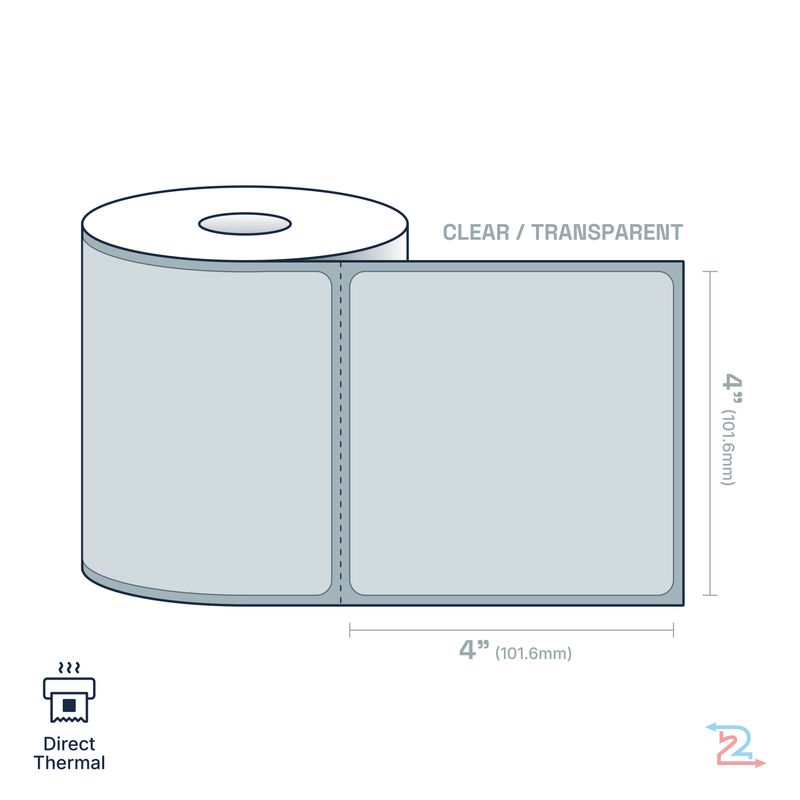 250 Clear, Adhesive Labels for Zebra Printer 4" x 4"