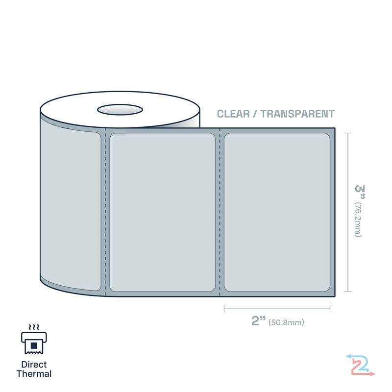 250 Clear, Adhesive Labels for Zebra Printer 3" x 2"