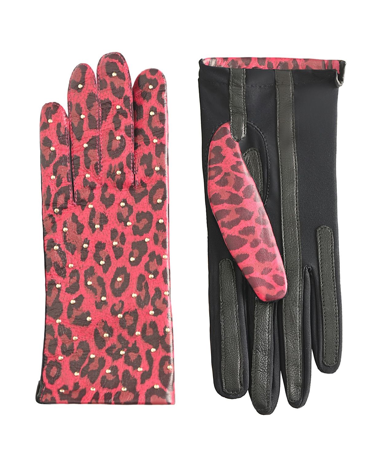 MANELLA Gloves – Fucsia Leopard Nappa  Leather with Gold Studs