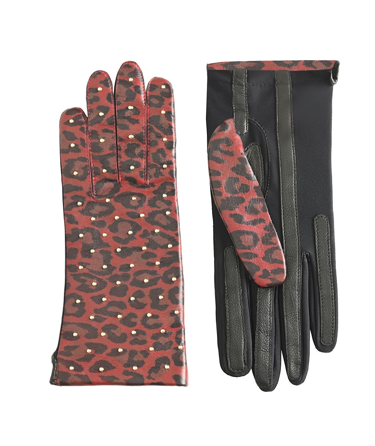 MANELLA Gloves – Dark Red Leopard Nappa Leather with Gold Studs MANELLA Gloves – Dark Red Leopard Nappa Leather with Gold Studs