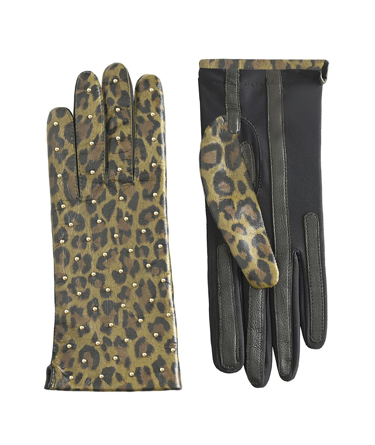 MANELLA Gloves – Military Leopard Nappa Leather with Gold Studs