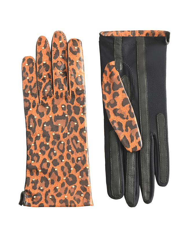 MANELLA Gloves – Orange Leopard Nappa Leather with Gold Studs