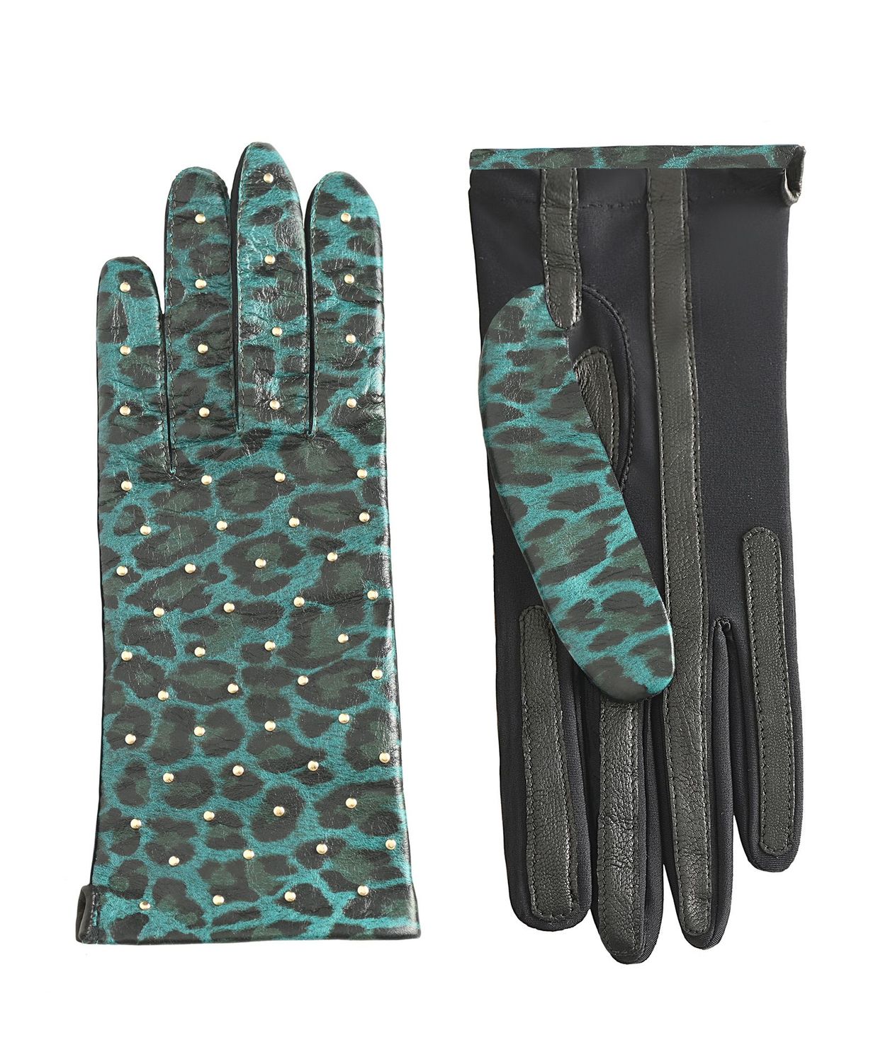 MANELLA Gloves – Emerald Leopard Nappa Leather with Gold Studs