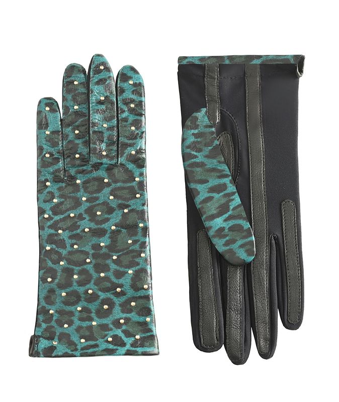 MANELLA Gloves – Emerald Leopard Nappa Leather with Gold Studs