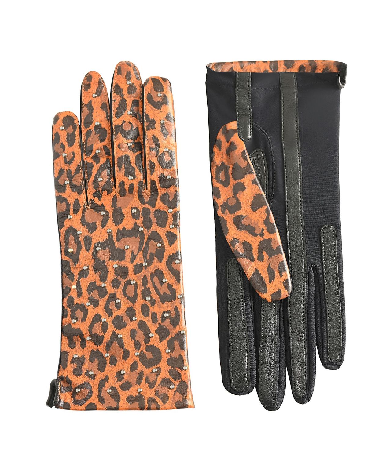 MANELLA Gloves – Orange Leopard Nappa Leather with Gunmetal Studs MANELLA Gloves – Orange Leopard Nappa Leather with Gunmetal Studs