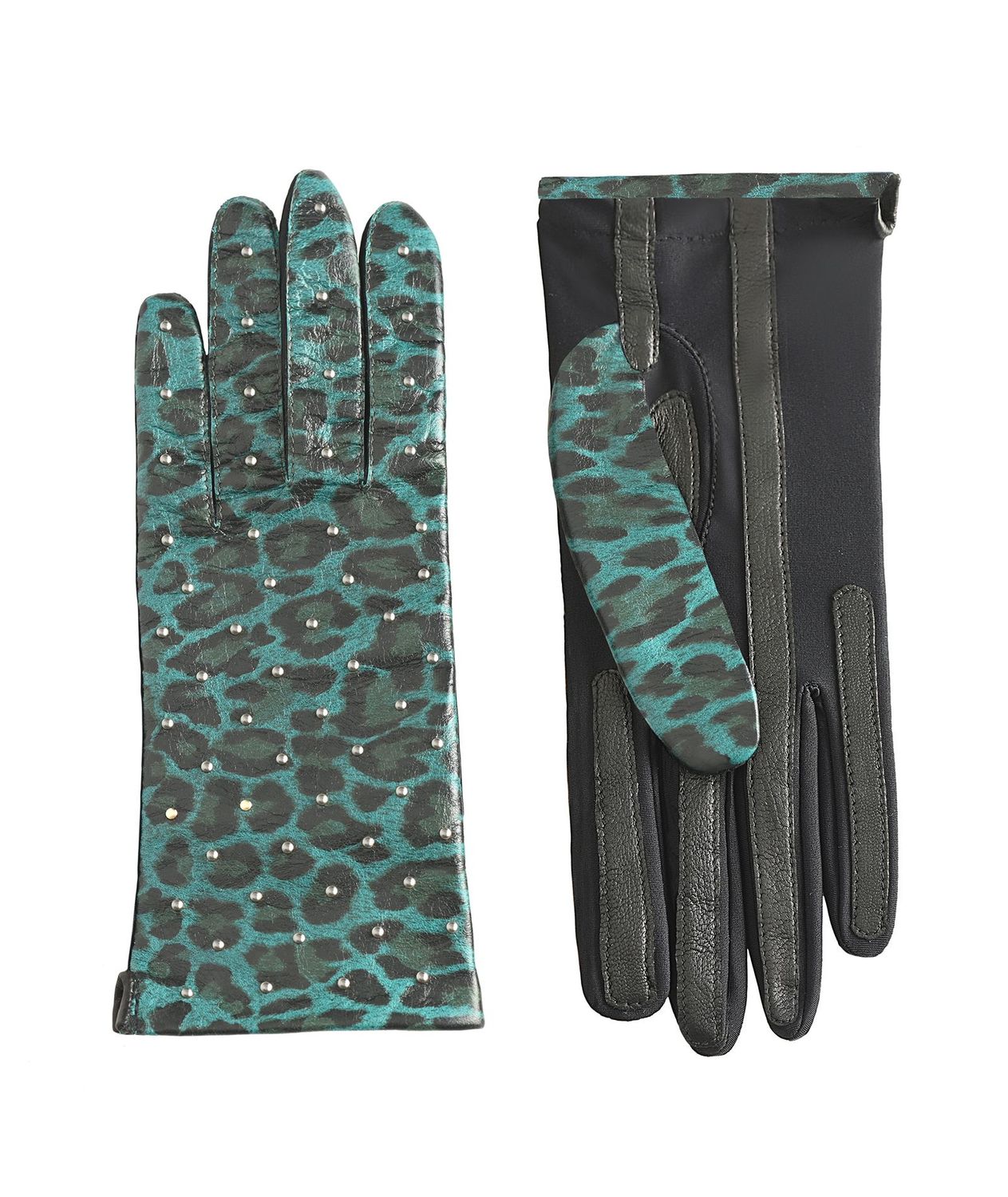 MANELLA Gloves – Emerald Leopard Nappa Leather with Gunmetal Studs