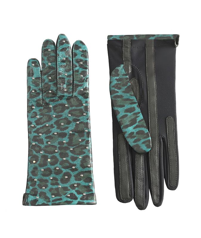 MANELLA Gloves – Emerald Leopard Nappa Leather with Gunmetal Studs
