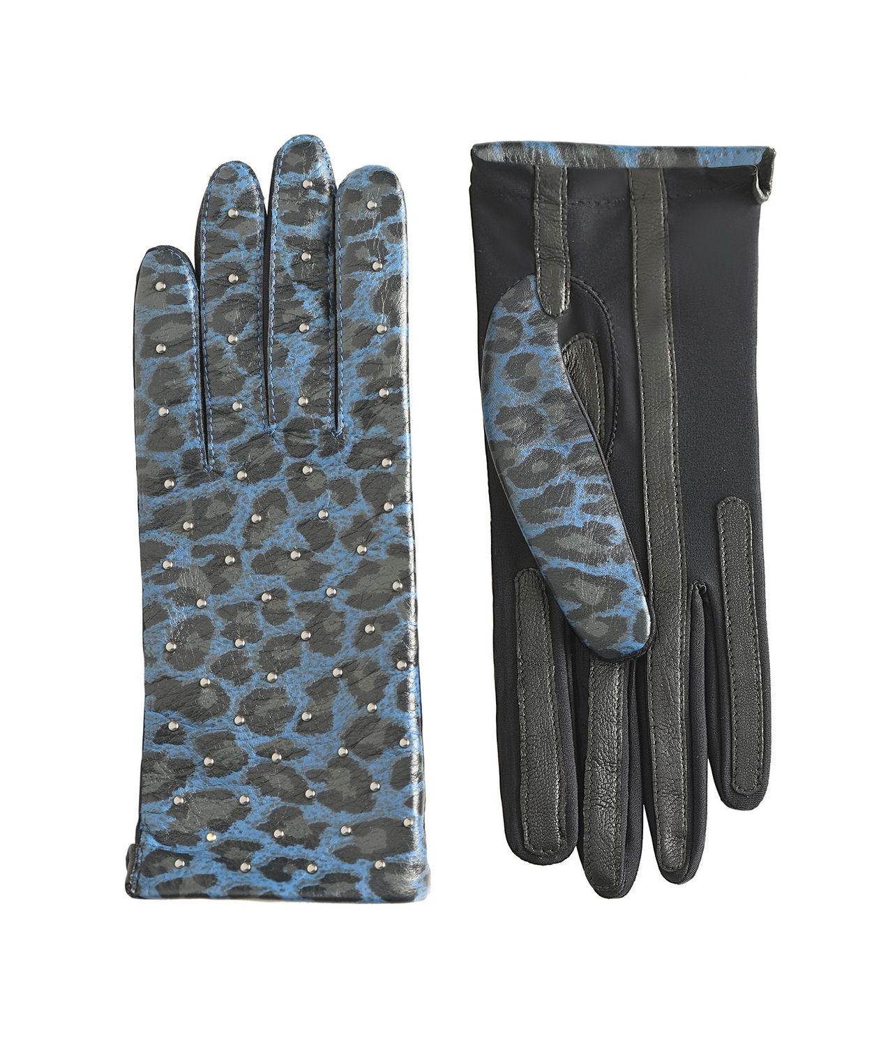 MANELLA Gloves – Jeans Leopard Nappa Leather with Gunmetal Studs