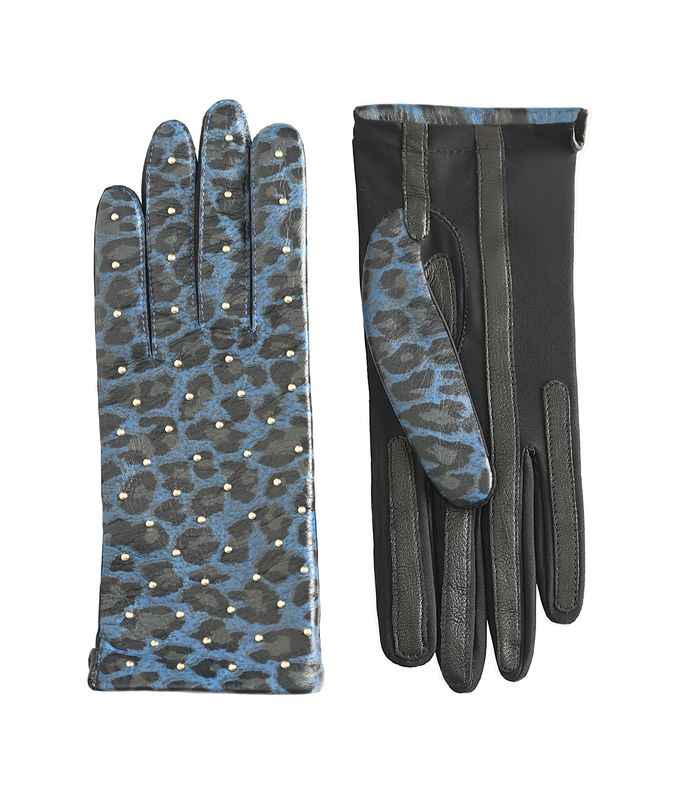 MANELLA Gloves – Jeans Leopard Nappa Leather with Gold Studs