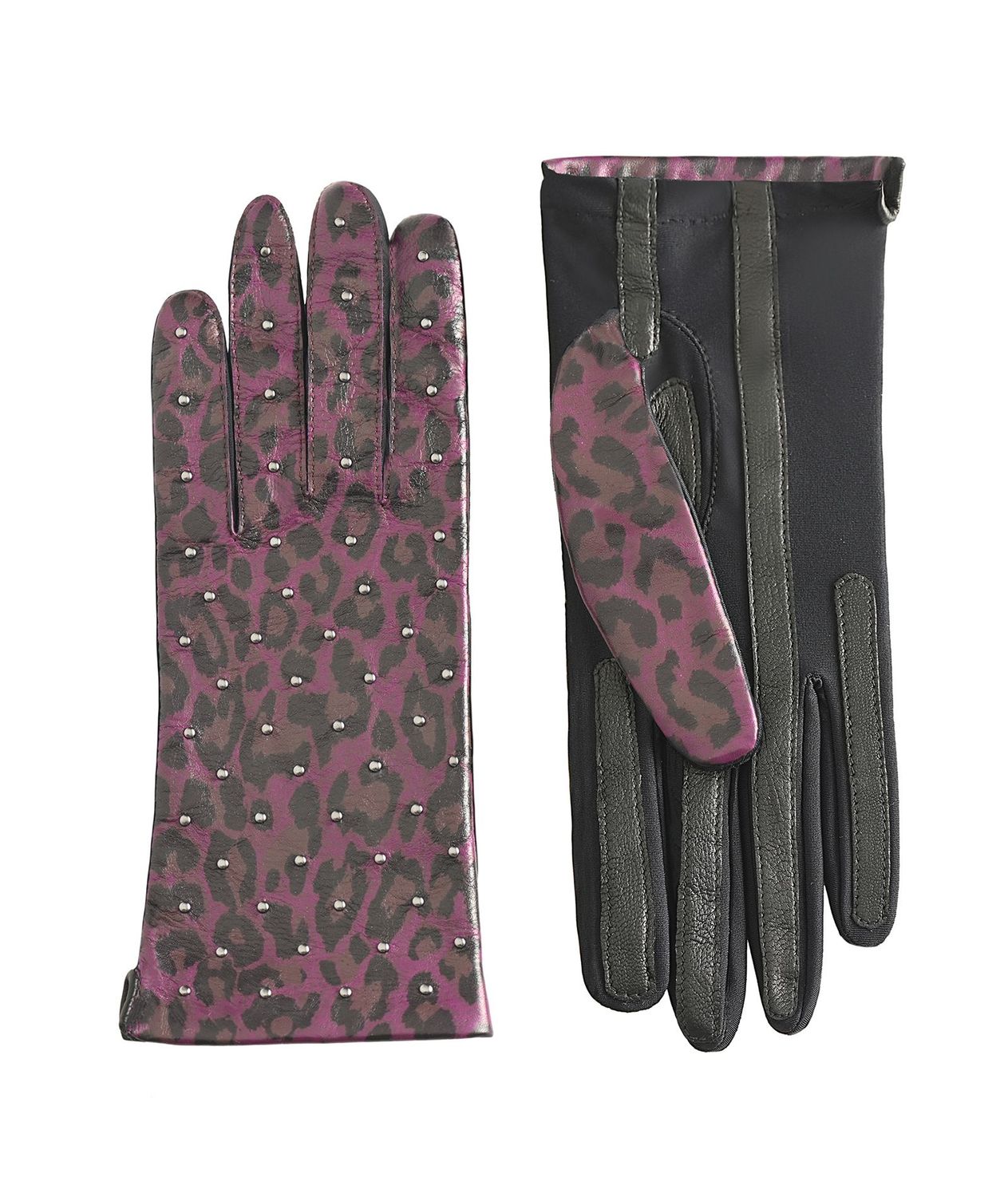 MANELLA Gloves – Purple Leopard Nappa Leather with Gunmetal Studs