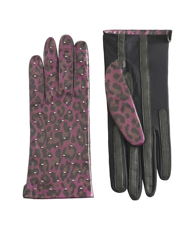 MANELLA Gloves – Purple Leopard Nappa Leather with Gunmetal Studs