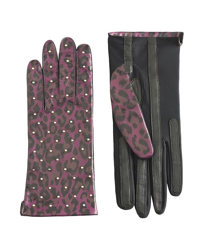 MANELLA Gloves – Purple Leopard Nappa Leather with Gold Studs