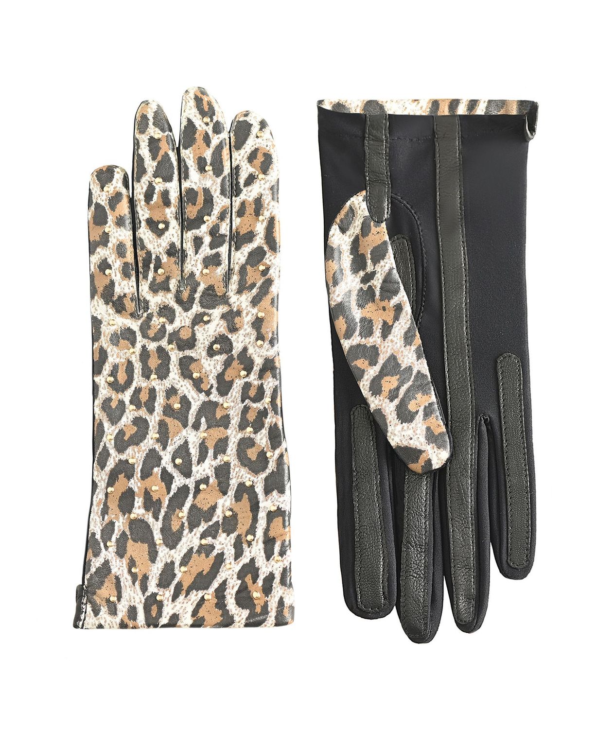 MANELLA Gloves – White Leopard Nappa Leather with Gold Studs