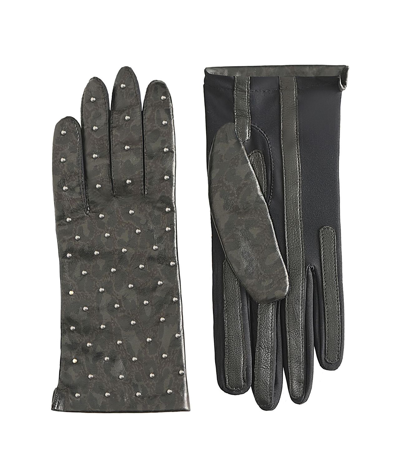 MANELLA Gloves – Dark Gra y Leopard Nappa Leather with Gunmetal Studs