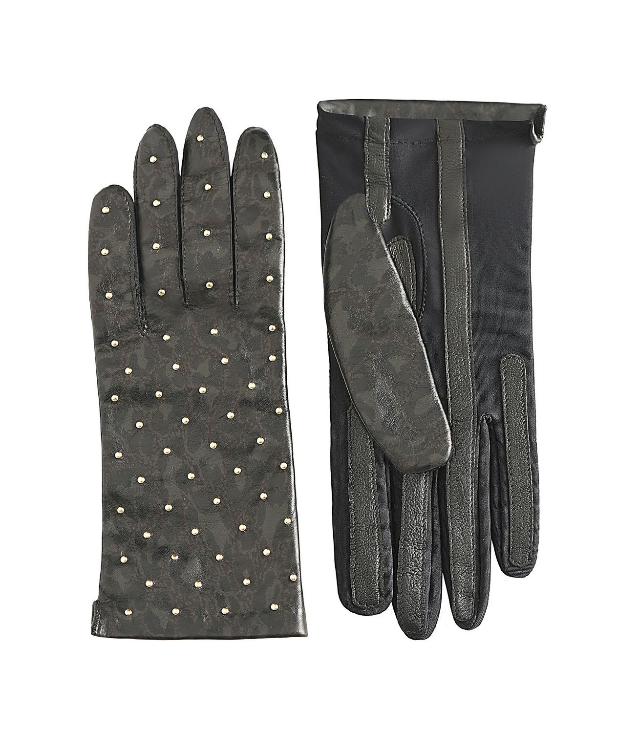 MANELLA Gloves – Dark Gray Leopard Nappa Leather with Gold Studs MANELLA Gloves – Dark Gray Leopard Nappa Leather with Gold Studs