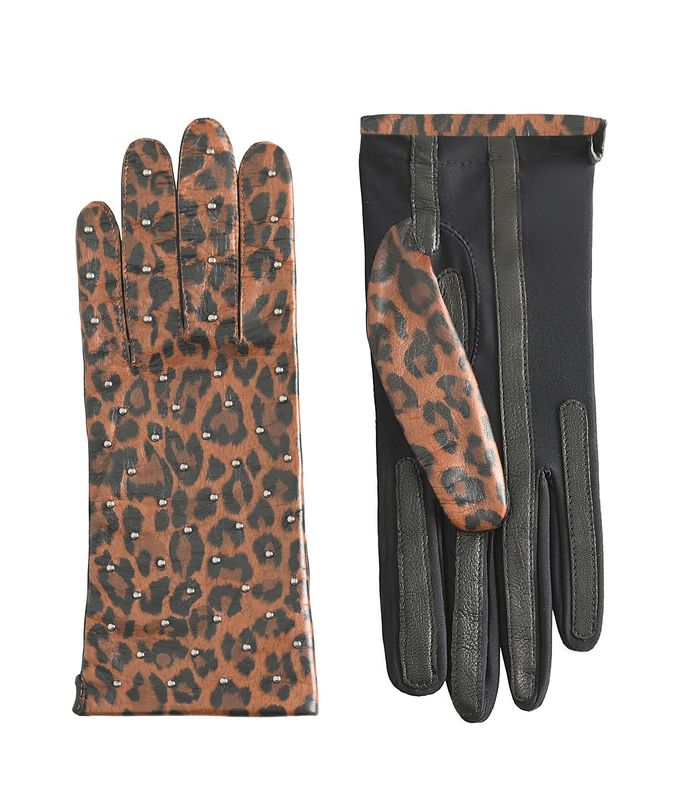 MANELLA Gloves – Cognac Leopard Nappa Leather with Gunmetal Studs