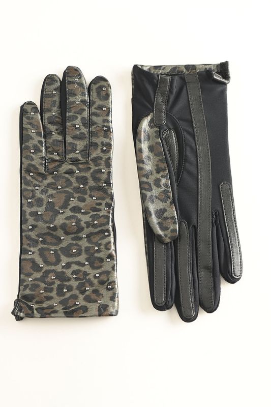 MANELLA Gloves – Ash Leopard Nappa Leather with Gunmetal Studs