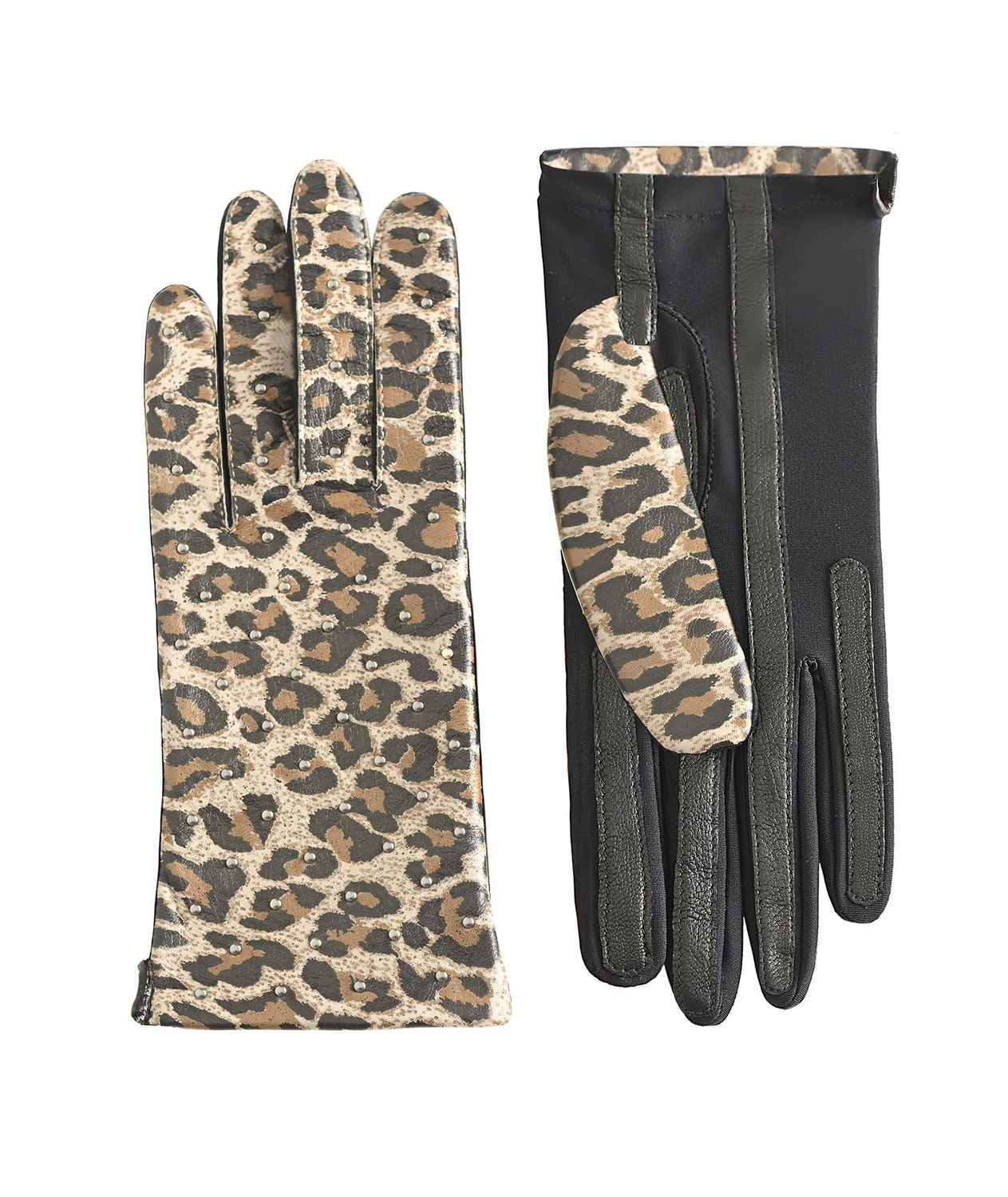 MANELLA Gloves – Light Gray Leopard Nappa Leather with Gunmetal Studs