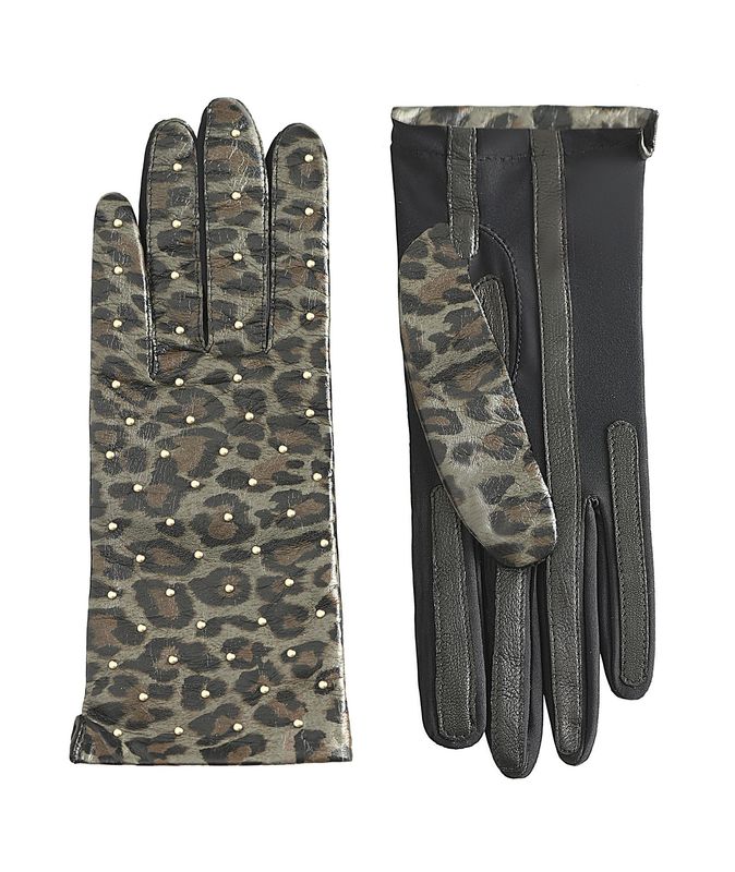 MANELLA Gloves – Ash Leopard Nappa Leather with Gold Studs