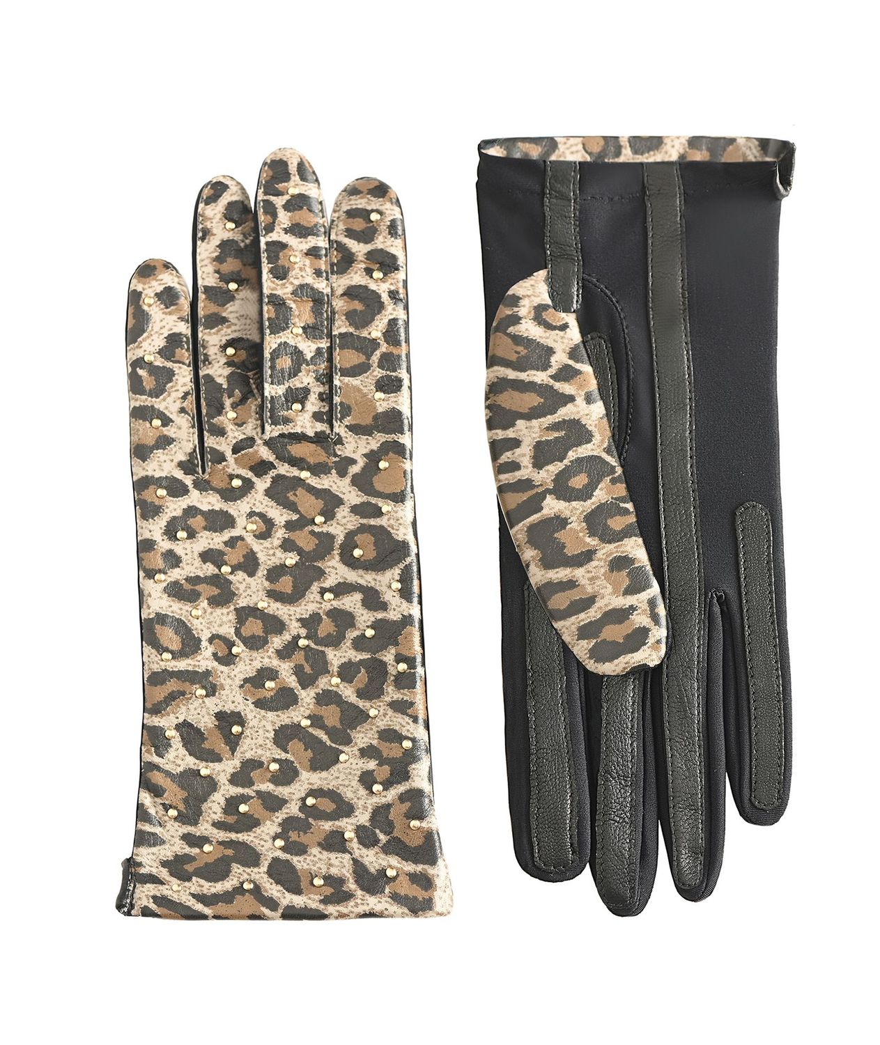 MANELLA Gloves – Light Gray Leopard Nappa Leather with Gold Studs MANELLA Gloves – Light Gray Leopard Nappa Leather with Gold Studs
