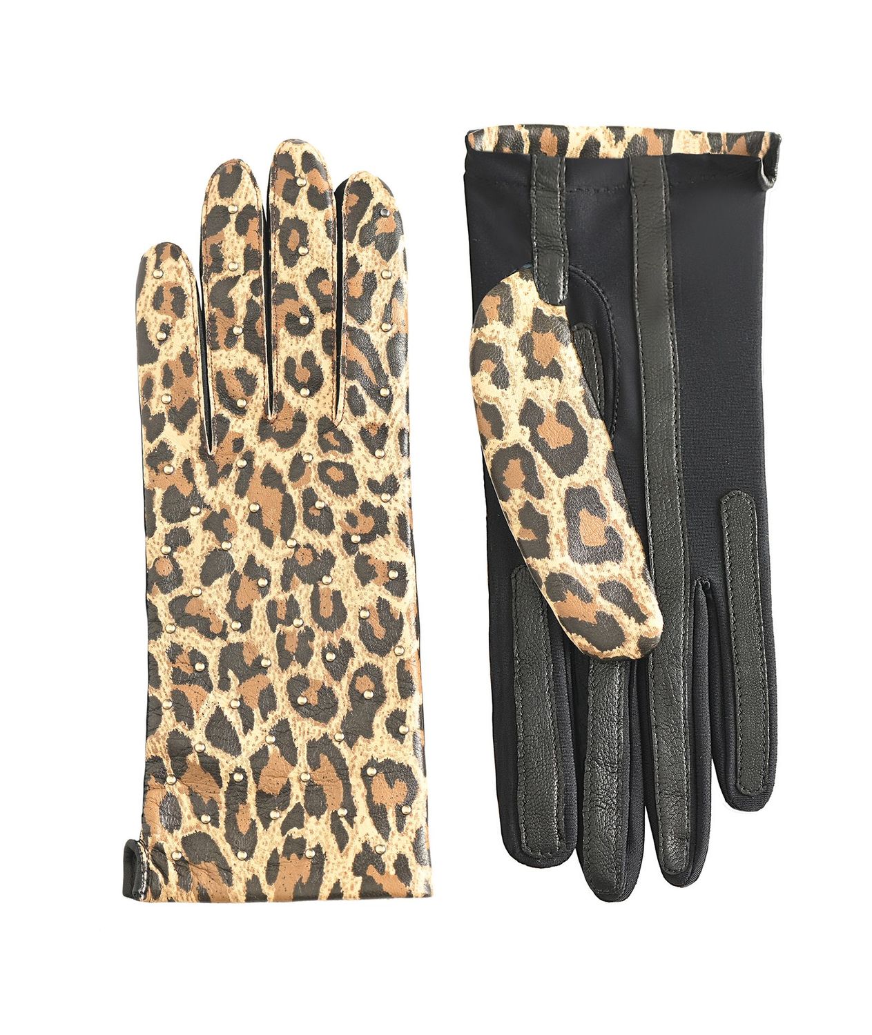 MANELLA Gloves – Cream Leopard Nappa Leather with Gold Studs