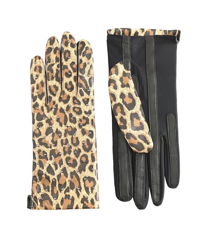 MANELLA Gloves – Cream Leopard Nappa Leather with Gunmetal Studs