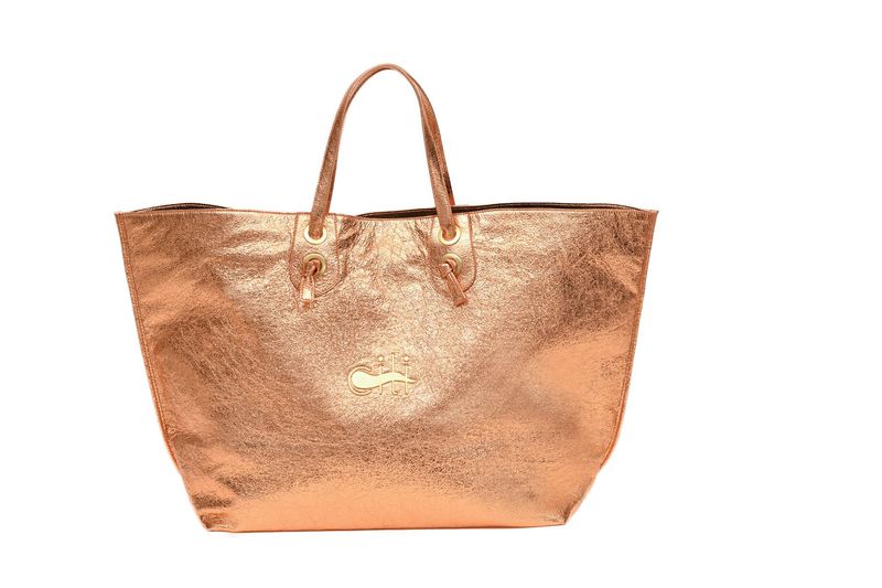 MAREA – Maxi Tote Bag Salmon Metallic Glassy Cracked Skin Leather