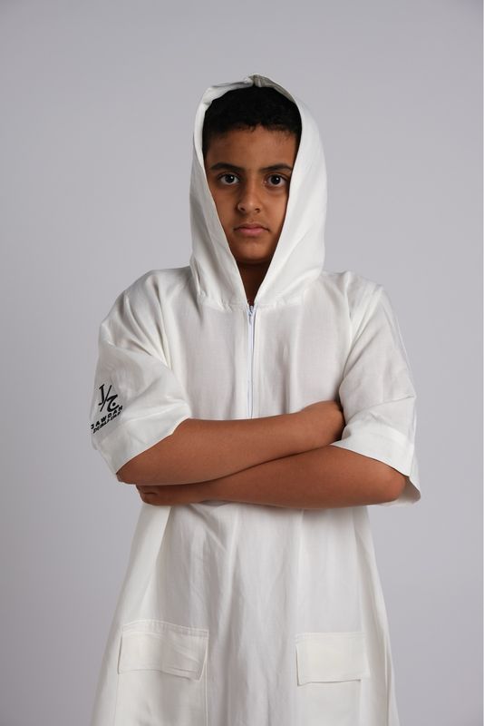 Boys Jalabiya, Hoodie, white color (Summer Collection).