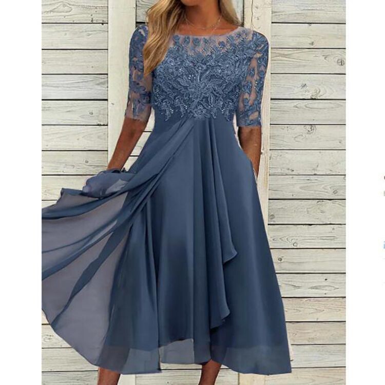 2023 European Station Cross-border Amazon Dress Chiffon Stitching Lace Hollow Dress Bridesmaid Evening Dress Women&#39;s Dress