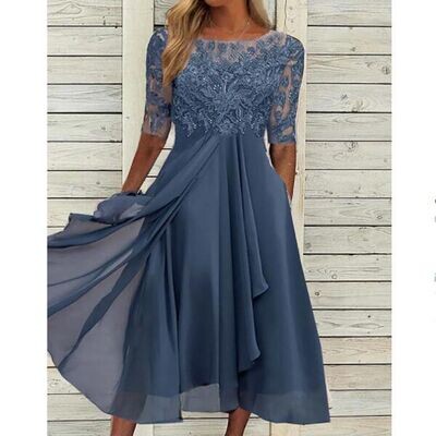 2023 European Station Cross-border Amazon Dress Chiffon Stitching Lace Hollow Dress Bridesmaid Evening Dress Women&#39;s Dress