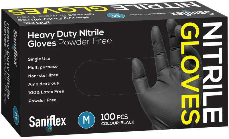 Saniflex Heavy Duty Black Nitrile Gloves 100 Pack (Carton of 10 boxes) MEDIUM