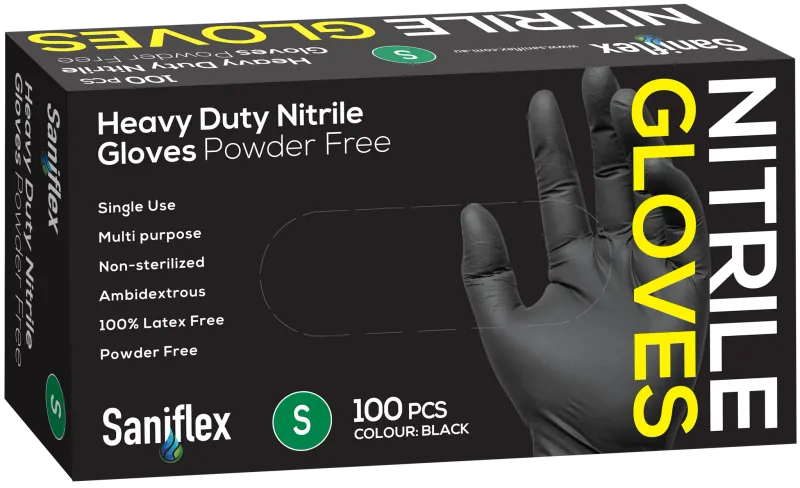 Saniflex Heavy Duty Black Nitrile Gloves 100 Pack (Carton of 10 boxes) SMALL Saniflex Heavy Duty Black Nitrile Gloves 100 Pack (Carton of 10 boxes) SMALL