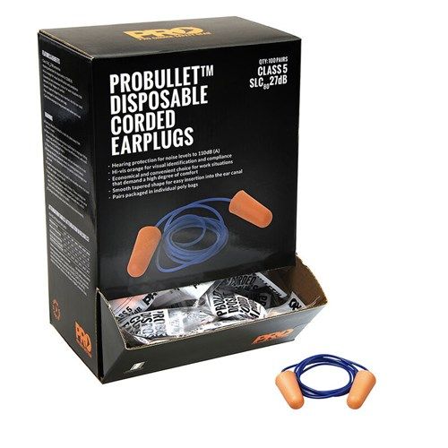 Probullet Disposable Corded Earplugs – 100 Pairs, Class 5 SLC80