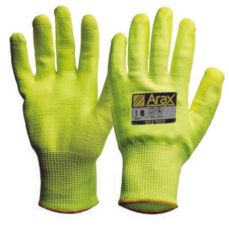 Arax Knit Technology Cut Level D Gloves – Hi-Vis Yellow PU Foam (Sizes 7–11)