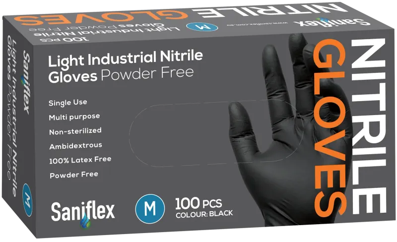Saniflex Light Industrial Black Nitrile Gloves – Powder Free, 100 Pack (Carton of 10 Boxes) Available Sizes: M, L, XL