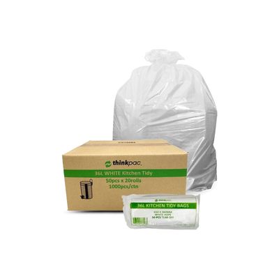 Thinkpac 36L White Kitchen Tidy Bags Bin Liners – 10 Micron (Carton of 1000) 50 Bags x 20 Rolls