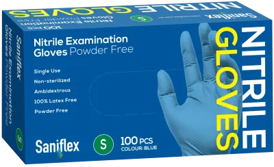 Saniflex Nitrile Gloves Powder Free – Blue 100 Pack (Sizes S, M, L)