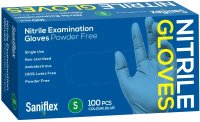 Saniflex Nitrile Gloves Powder Free – Blue 100 Pack (Carton of 10 Boxes) Available Sizes: S, M, L