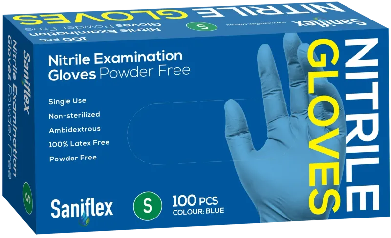 Saniflex Nitrile Gloves Powder Free – Blue 100 Pack (Carton of 10 Boxes) Available Sizes: S, M, L