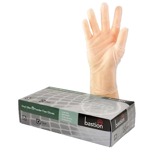 Bastion Gloves Vinyl Clear Powder Free Carton – Clear LARGE, 100 pc x 10
