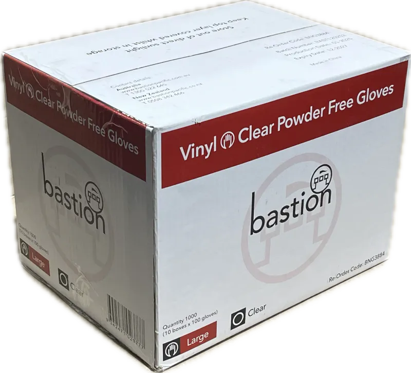 Bastion Gloves Vinyl Clear Powder Free Carton – Clear LARGE, 100 pc x 10
