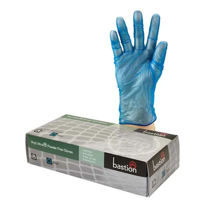 Bastion Gloves Vinyl Blue Powder Free Carton – Clear LARGE, 100 pc x 10